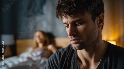 A worried man experiences difficulties with male potency and personal intimate life. He sits on his bed feeling alone while his female partner sleeps in the background.