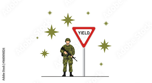 Military Force Standing Beside Yield Sign Surrounded By Star Symbols Isolated