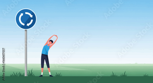 Morning Exercise In The Park Next To A Roundabout With Blue Sky