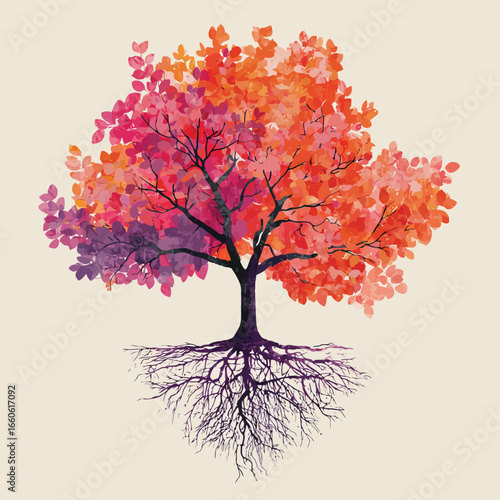 Vector illustration of a vibrant autumn tree with colorful leaves and intricate roots symbolizing life growth and the beauty of the fall season
