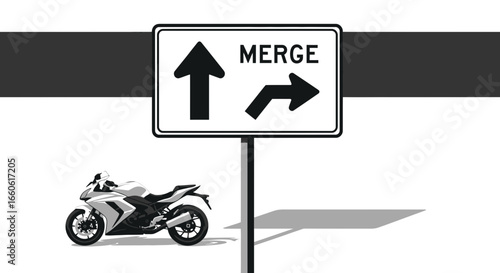Motorcycle Ride Near The Merge Road Sign On The Street Conceptual Design