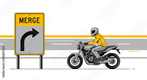 Motorcycle Rider Merging Onto Highway Depicted Next to Road Sign Direction