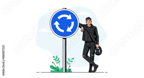 Motorcycle rider taking a break next to a roundabout road sign illustration