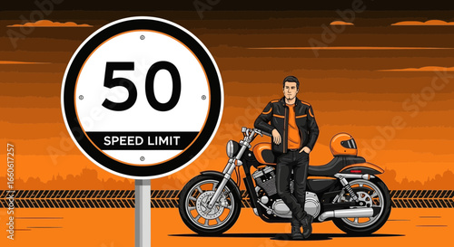 Motorcycle Riding Passionate Biker Observing Speed Limit On Countryside Highway