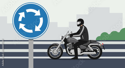 Motorcyclist Approaching Roundabout On The Road City Illustration Design Vector