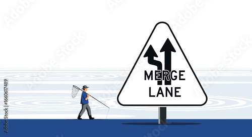 Navigating Transitions Man Carrying Net near Merge Lane Road Sign