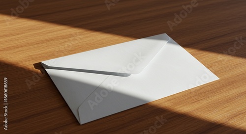 White Envelope on Wooden Table with Sunlight, Communication, Correspondence, and Mailing Concept.