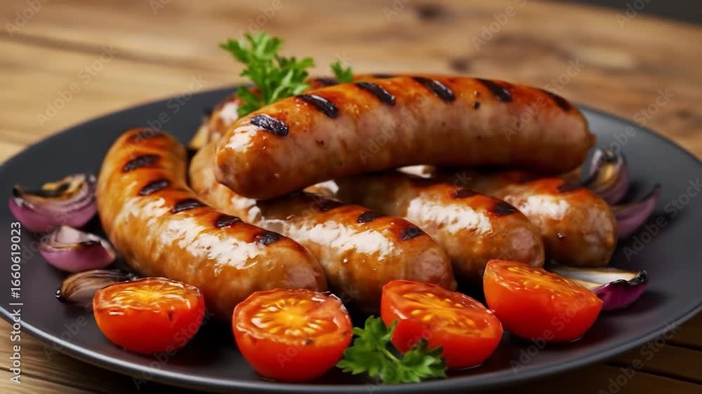 Grilled sausages with tomatoes and onions delicious meal preparation flat lay Grilled sausages with tomatoes and onions delicious meal preparation flat lay