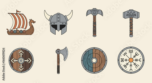 Collection of Ancient Norse Viking Culture and Mythology Symbols and Objects Including Ship, Helmet, Axes, and Shields