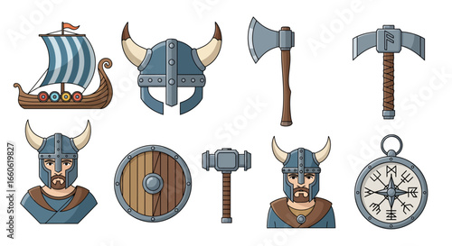 Collection of Ancient Norse Viking Elements Including Longship, Helmets, Weapons, and Warrior Characters in Cartoon