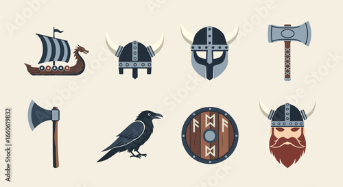 Collection of Ancient Norse Viking Era Symbols and Mythological Elements with Traditional Weapons and Headwear Icons