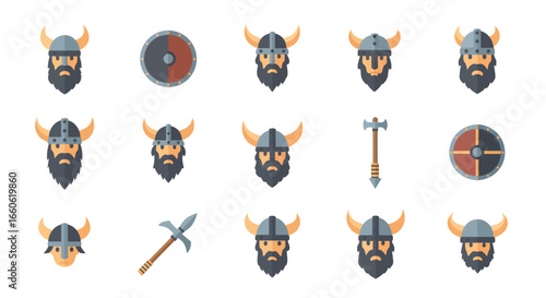 Collection of Flat Design Viking Warrior Heads and Medieval Weapon Icons on White Background