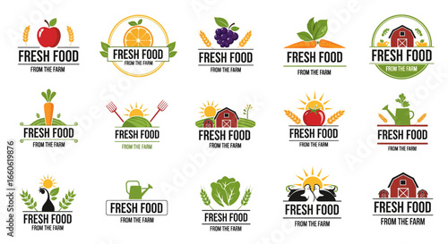 Collection of Fresh Food From The Farm Logos and Emblems for Organic Produce and Healthy Eating Concepts and Branding