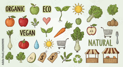 Collection of Hand-Drawn Organic, Eco, Vegan, and Natural Food and Lifestyle Elements for Healthy Living Concepts