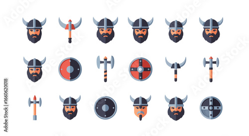 Collection of Stylized Viking Warrior Head Icons with Horned Helmets, Ancient Axes, and Round Shields, Representing