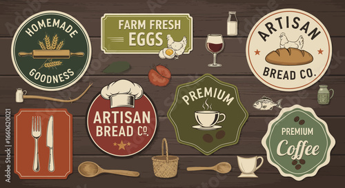 Collection of Rustic Vintage Labels and Elements for Farm Fresh Food and Artisan Beverages on Wooden Background