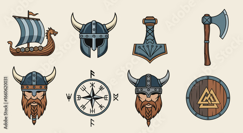 Collection of Traditional Viking Symbols and Warrior Equipment: Longship, Helmets, Mjolnir, Axe, and Shield