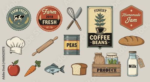 Collection of Vintage Farm and Kitchen Food Product Labels and Fresh Produce Elements for Rustic Design