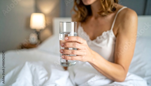 Woman in bed holding glass of water