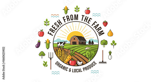 Fresh Organic Local Produce Farm Emblem with Barn, Livestock, and Assorted Fruits and Vegetables