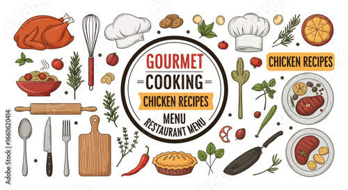 Gourmet Cooking and Chicken Recipes Concept with Culinary Elements, Kitchen Utensils, and Fresh Ingredients