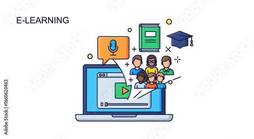 Modern E-Learning and Online Education Concept with Diverse Students Engaging in Virtual Classroom Sessions and Digital