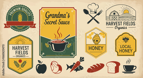 Rustic Farm Fresh Food and Organic Product Labels with Vintage Style Icons and Badges Collection
