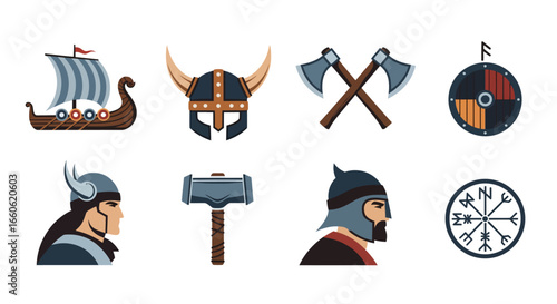 Viking Culture Icons Set: Ancient Norse Longship, Helmets, Weapons, and Mythological Symbols Collection