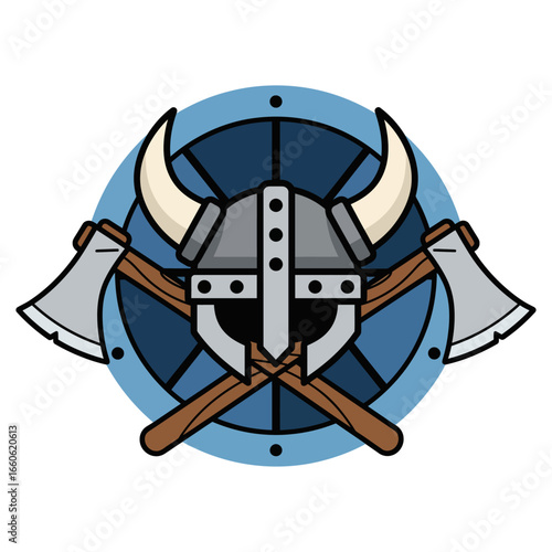 Viking Warrior Helmet with Horns and Crossed Axes on a Round Shield Background, Illustrative Design for Historical