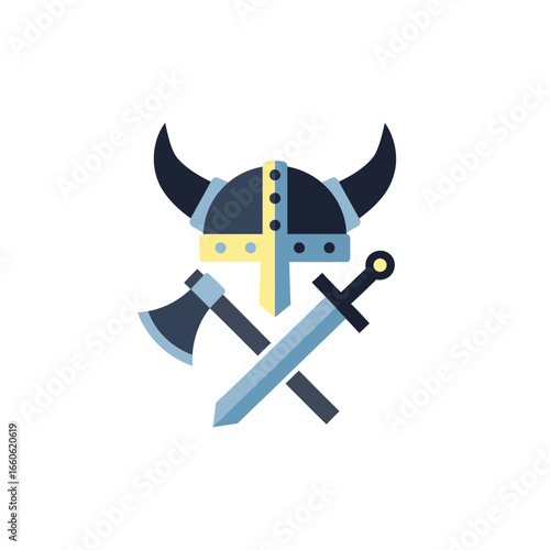 Viking Warrior Helmet with Horns and Crossed Medieval Weapons Flat Graphic Design Element