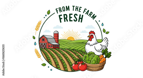 Vibrant Farm Fresh Produce and Livestock Illustration with Barn, Fields, and Sun for Agricultural Themes