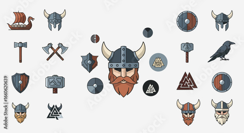 Viking Warriors, Norse Mythology Symbols, and Ancient Weaponry Flat Design Icon Set for Historical and Fantasy Projects