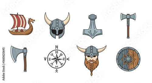 Viking graphic icons: longship, horned helmet, Mjolnir, axes, compass, warrior, shield. Use for historical and fantasy