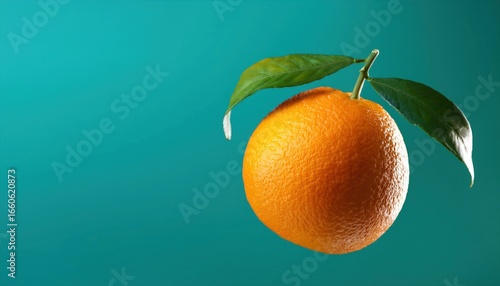 Orange with Leaves Falling in Mid-Air on Turquoise Background Zero Gravity Effect