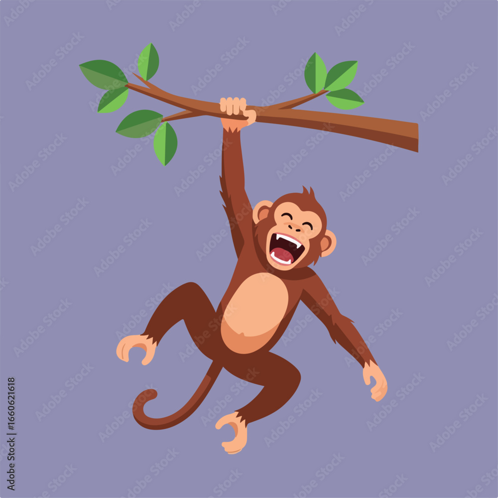 Obraz premium A cartoon monkey hangs from a branch, mouth open in a laugh, set against a gray-purple background, showcasing playful animal antics.