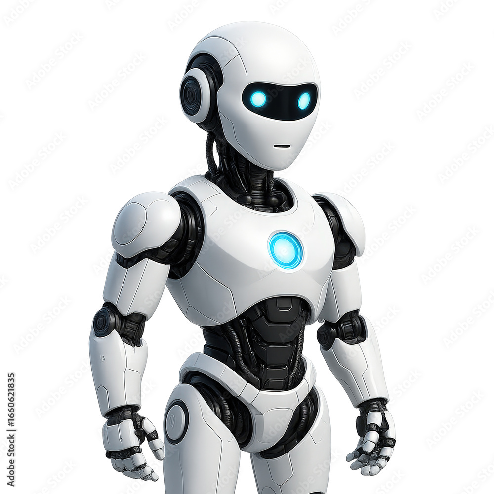 Futuristic humanoid robot with glowing blue eyes isolated on black background Futuristic humanoid robot with glowing blue eyes isolated on black background