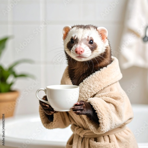 Fennec in bathrobe with coffee