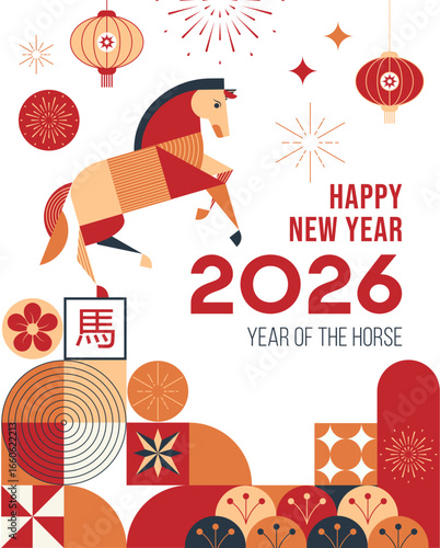Geometric Chinese New Year 2026 poster with horse illustration, red, orange and navy color palette, modern neo geo style, perfect for social media templates, greeting cards, banners and festive design
