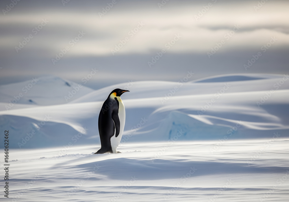 Obraz premium Emperor and king penguins stand on the snowy, icy shore of Antarctica, their black and white forms a striking contrast against the cold winter wildlife