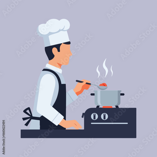 Illustration of a chef wearing a white hat and apron, cooking with a spoon over a stove with steam rising from a pot on a light purple background.