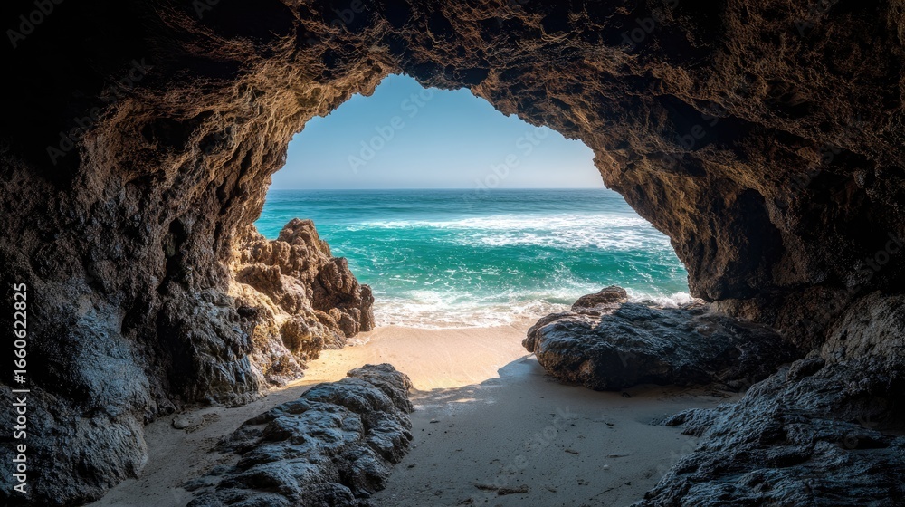 Fototapeta premium Coastal View from Cave Entrance on Sandy Beach