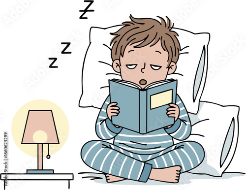 Boy falling asleep while reading a book in bed at night