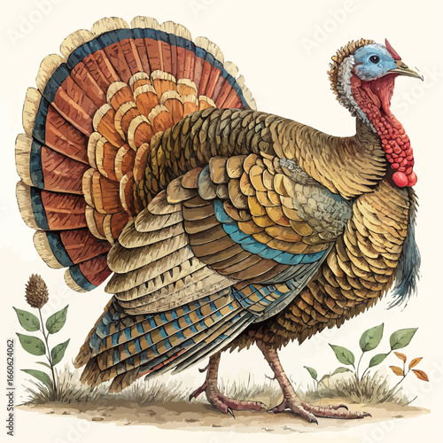 Illustration of a colorful turkey with detailed feathers standing on grass with plants and a cone nearby