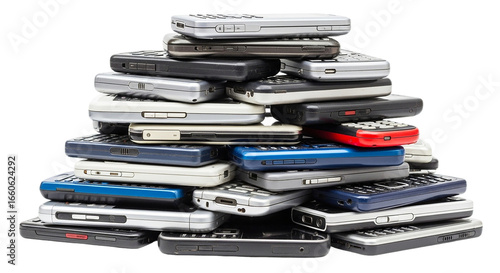 A cluttered pile of old flip phones stacked haphazardly on top of each other in a messy arrangement