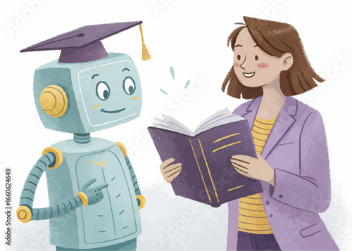 Woman reading a book to a robot wearing a graduation cap in a friendly and educational setting scene