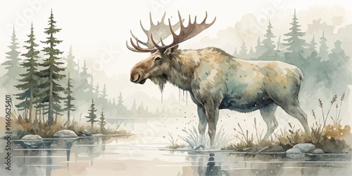 Watercolor painting of a moose standing in shallow water with a forest background in a misty landscape