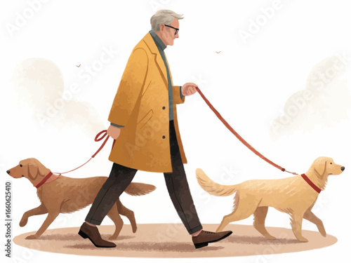 Illustration of an elderly man in a yellow coat walking two golden retrievers on leashes in the daytime