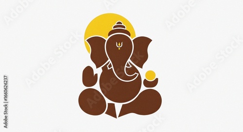 A simple flat vector logo of Ganesha, with a sun in the background, in brown and yellow colors on a white background.