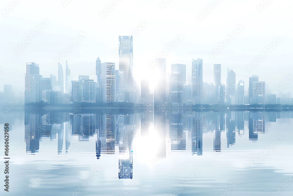 Fototapeta premium 未来都市の高層ビル群と水面に映るシルエット