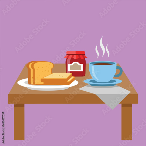A breakfast scene of toast on a plate next to a jar of jam and a cup of coffee with steam on a wooden table against a light purple background.